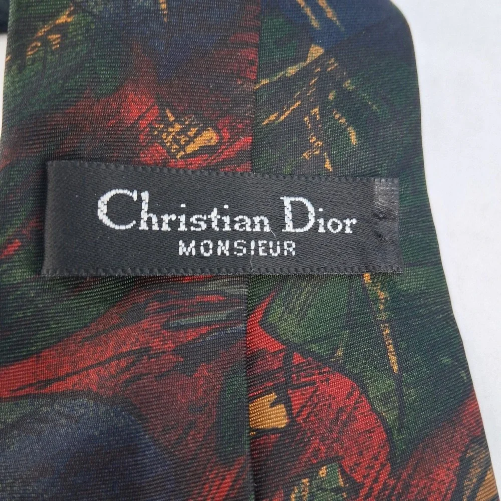 Christian Dior Tie Mens Red Green Botanical Leaf Silk Monsieur Italy Woven USA